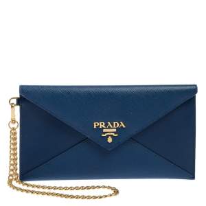 Pre Owned Prada Blue Saffiano Leather Envelope Wristlet Clutch 