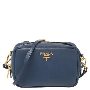 Pre Owned Prada Blue Saffiano Lux Leather Camera Crossbody Bag