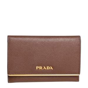 مملوكة مسبقًا Prada Tan Saffiano Leather Flap Metal Card Holder