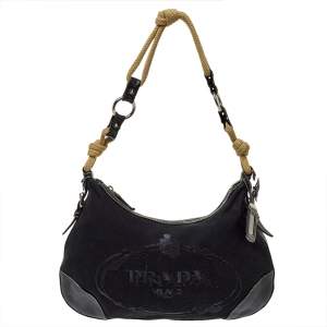 مملوكة مسبقًا Prada Black Canvas And Leather Cruise Rope Baguette Bag