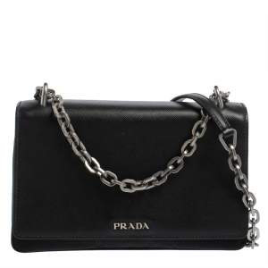 Pre Owned Prada Black Saffiano Lux Leather and Nylon Flap Chain Shoulder Bag