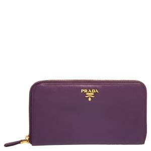 Pre Owned Prada Purple Saffiano Lux Leather Zip Around Wallet