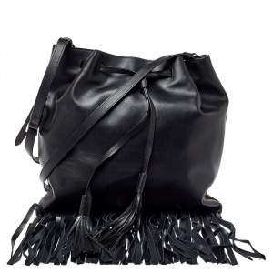 Pre Owned Prada Black Soft Leather Fringed Drawstring Shoulder Bag
