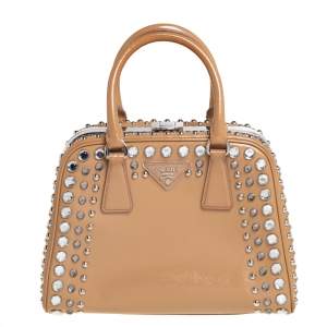Pre Owned Prada Beige Saffiano Leather Crystal Embellished Pyramid Frame Satchel