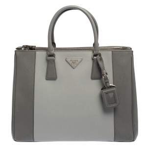 Pre Owned Prada Grey Two Tone Saffiano Lux Leather Large Double Zip Tote