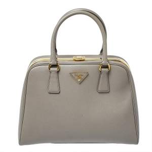 Pre Owned Prada Grey Saffiano Lux Leather Pyramid Frame Satchel