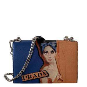 Pre Owned Prada Blue/Multicolor Saffiano Leather Print Frame Shoulder Bag 