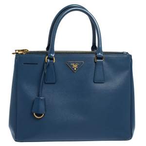 Pre Owned Prada Blue Saffiano Lux Leather Medium Galleria Double Zip Tote