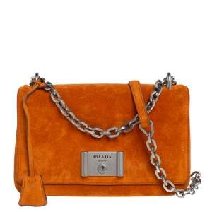 Pre Owned Prada Orange Suede Lock Flap Chain Shoulder Bag