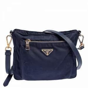 مملوكة مسبقًا Prada Navy Blue Tessuto Nylon and Leather Shoulder Bag