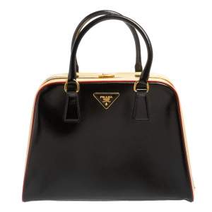 Pre Owned Prada Black/Yellow Saffiano Vernice Leather Pyramid Frame Satchel