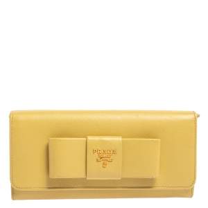 Pre Owned Prada Yellow Saffiano Fiocco Leather Bow Continental Wallet