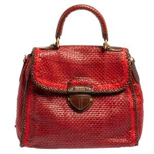 Pre Owned Prada Red/Brown Woven Goatskin Leather Madras Top Handle Bag