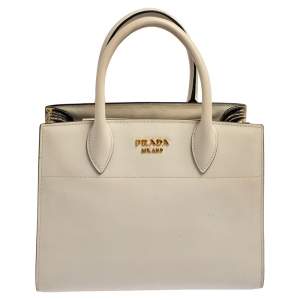 Pre Owned Prada Beige/White Leather and Snakeskin Bibliotheque Tote