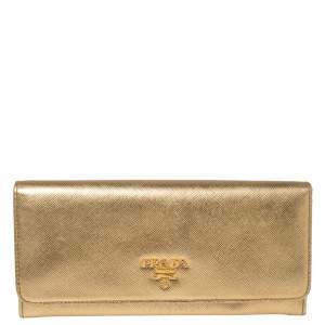 Pre Owned Prada Metallic Gold Saffiano Leather Flap Continental Wallet