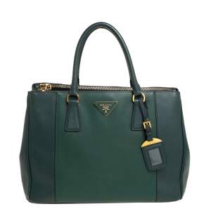 Pre Owned Prada Green Bicolor Saffiano Lux Leather Medium Galleria Tote