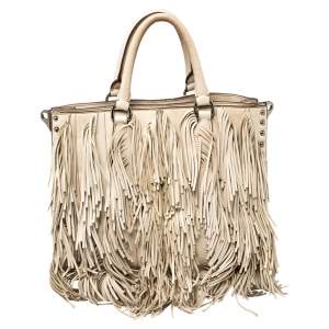 Pre Owned Prada Beige Leather Small Fringe Tote