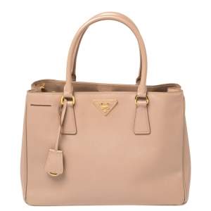 Pre Owned Prada Nude Beige Saffiano Lux Leather Middle Zip Tote