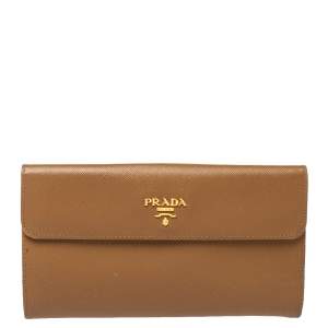 Pre Owned Prada Tan Saffiano Lux Leather Logo Flap Continental Wallet 