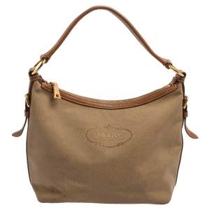 Pre Owned Prada Beige/Tan Logo Jacquard Canvas and Leather Hobo