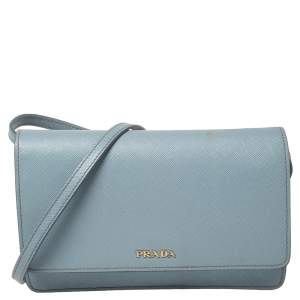 Pre Owned Prada Blue Leather Flap Crossbody Bag
