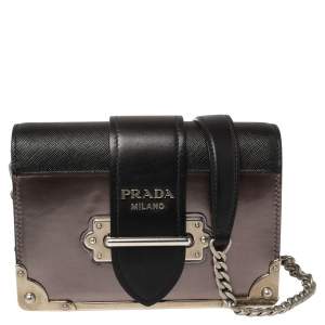 Pre Owned Prada Black/Metallic Saffiano Lux and Patent Leather Cahier Shoulder Bag