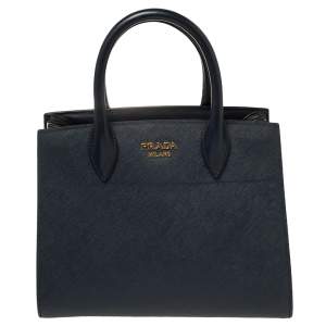 Pre Owned Prada Navy Blue/White Saffiano Leather Bibliotheque Tote