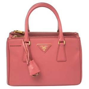 Pre Owned Prada Coral Pink Saffiano Lux Leather Mini Galleria Double Zip Tote