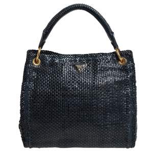 Pre Owned Prada Black Woven Madras Leather Top Handle Bag