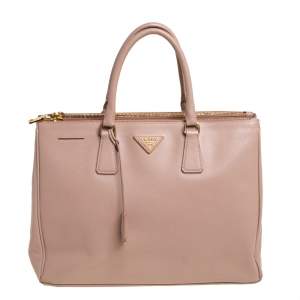 Pre Owned Prada Beige Saffiano Leather Medium Galleria Double Zip Tote
