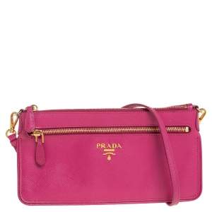 Pre Owned Prada Pink Saffiano Leather Wallet On Chain