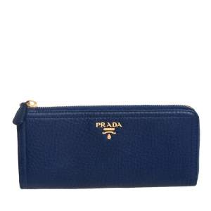 Pre Owned Prada Blue Vitello Daino Leather Zip Around Wallet