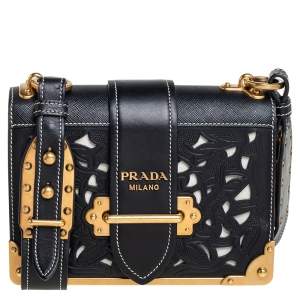 Pre Owned Prada Black Leather Laser Cut Cahier Shoulder Bag