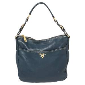 Pre Owned Prada Navy Blue Vitello Daino Leather Front Pocket Hobo