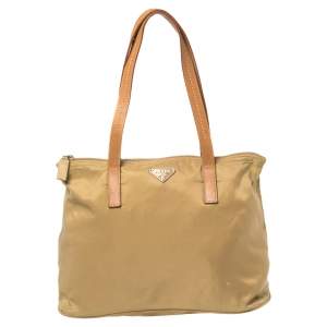 Pre Owned Prada Beige Nylon and Leather Zip Tote