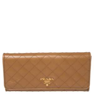 Pre Owned Prada Tan Quilted Saffiano Leather Flap Continental Wallet