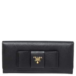 Pre Owned Prada Black Saffiano Leather Bow Continental Wallet