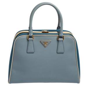 Pre Owned Prada Two Tone Blue Saffiano Lux Leather Pyramid Frame Satchel