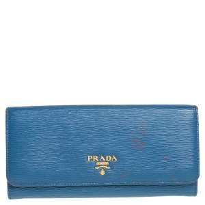 Pre Owned Prada Blue Vitello Move Leather Flap Continental Wallet
