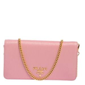 Pre Owned Prada Pink Vitello Move Leather Wallet On Chain