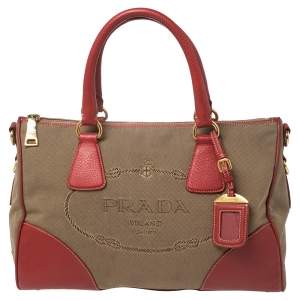 Pre Owned Prada Red/Brown Canvas and Leather Jacquard Logo Convertible Satchel