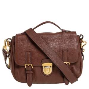 Pre Owned Prada Brown Leather Pushlock Flap Top Handle Bag 