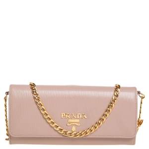 Pre Owned Prada Nude Vitello Move Leather Leather Wallet On Chain