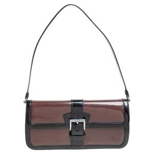Pre Owned Prada Black/Brown Patent Leather Flap Baguette