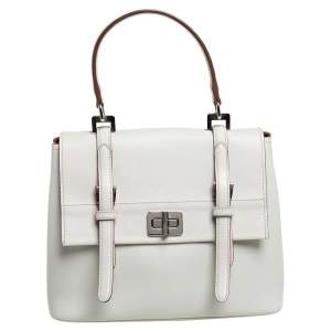 Prada White Leather Turn Lock Top Handle Bag
