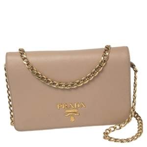 Pre Owned Prada Beige Saffiano Lux Leather Logo Plaque Wallet On Chain