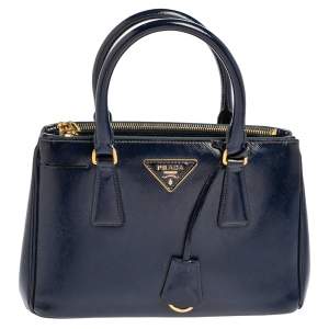 Pre Owned Prada Navy Blue Saffiano Vernice Leather Mini Galleria Double Zip Tote