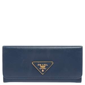 Pre Owned Prada Blue Saffiano Leather Flap Continental Wallet