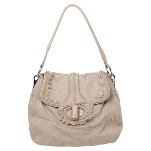 Pre Owned Prada Beige Canvas And Crocodile Leather Turnlock Shoulder Bag