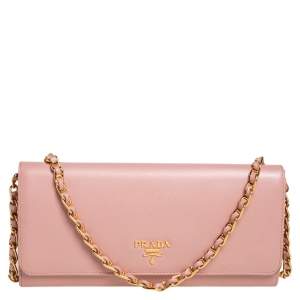 Pre Owned Prada Pink Saffiano Lux Leather Wallet on Chain